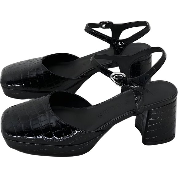 Aerosoles Soir Ankle Strap Block Heel Croc-Embossed Pumps Black US 9.5M - Picture 2 of 6